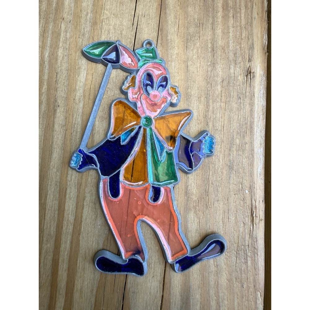 Vintage 1970s Clown With Umbrella Suncatcher Sun Catcher 5"
